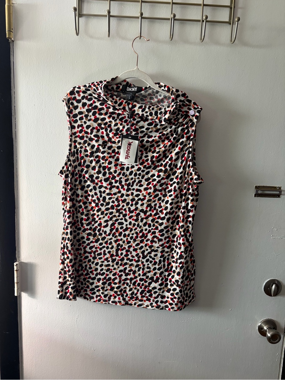 DKNY Sleeveless Cowl-Neck Camisole in White with Black & Red Spot Print